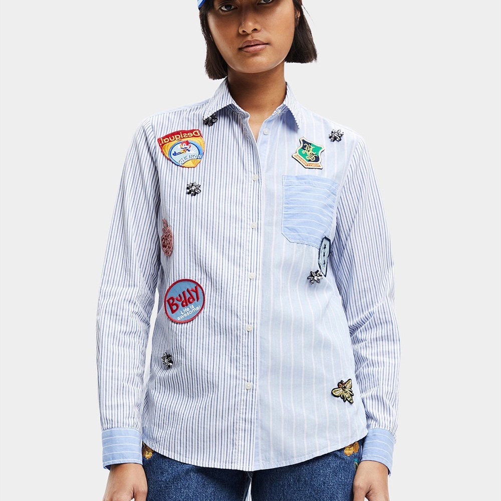 Striped Button-Up Shirt with Patches